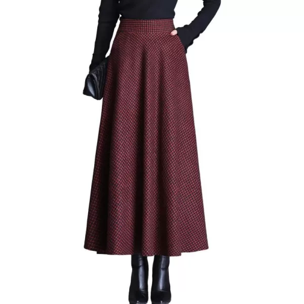 IDEALSANXUN Long Wool Plaid Skirts for Women 2023 Fall Winter A Line Flared Maxi SkirtsWine