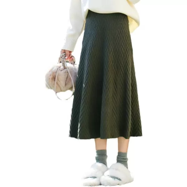 IDEALSANXUN Ruffle Midi Skirts for Women High Waisted A Line Vintage Fall Winter 2023 Trendy Knit Long SkirtDark Green