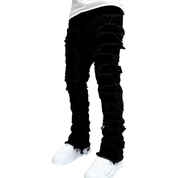 IDEALSANXUN Stacked Jeans Men Designer Slim Fit Skinny Ripped Jeans Tassel Hip Hop Denim PantsBlack