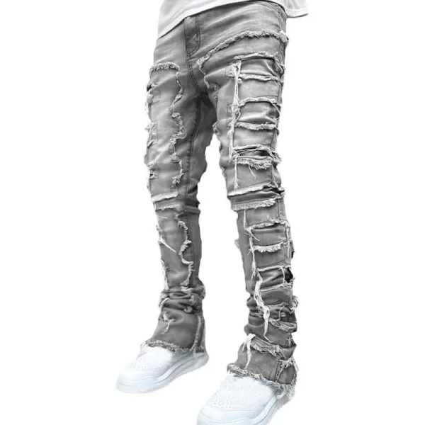 IDEALSANXUN Stacked Jeans Men Designer Slim Fit Skinny Ripped Jeans Tassel Hip Hop Denim PantsGrey