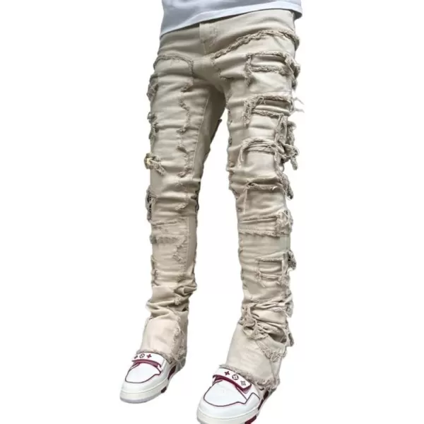 IDEALSANXUN Stacked Jeans Men Designer Slim Fit Skinny Ripped Jeans Tassel Hip Hop Denim PantsKhaki