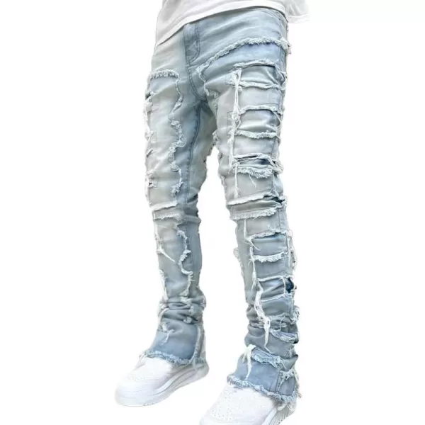 IDEALSANXUN Stacked Jeans Men Designer Slim Fit Skinny Ripped Jeans Tassel Hip Hop Denim PantsLight Blue