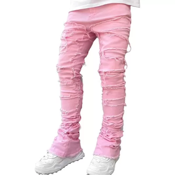 IDEALSANXUN Stacked Jeans Men Designer Slim Fit Skinny Ripped Jeans Tassel Hip Hop Denim PantsPink