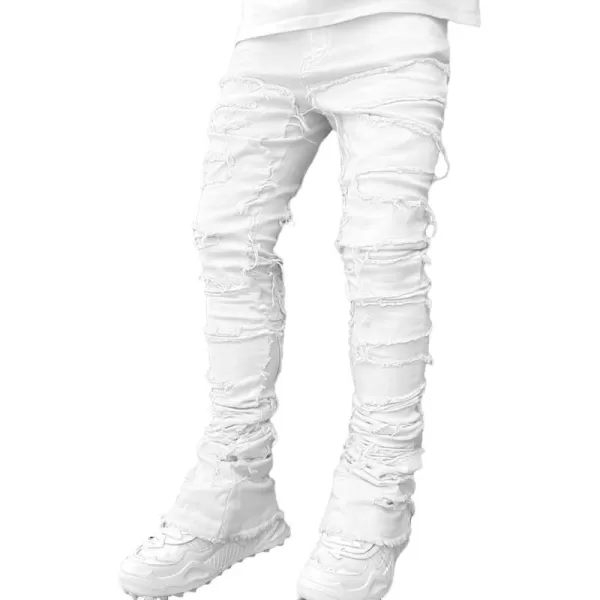 IDEALSANXUN Stacked Jeans Men Designer Slim Fit Skinny Ripped Jeans Tassel Hip Hop Denim PantsWhite