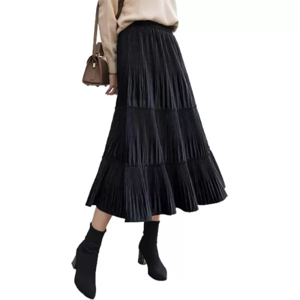 IDEALSANXUN Womens High Waist Pleuche Pleated Flared Swing Midi SkirtsBlack