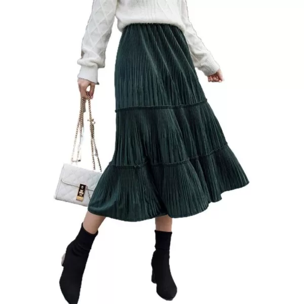 IDEALSANXUN Womens High Waist Pleuche Pleated Flared Swing Midi SkirtsGreen