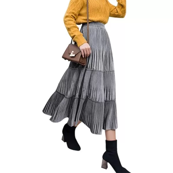 IDEALSANXUN Womens High Waist Pleuche Pleated Flared Swing Midi SkirtsGrey