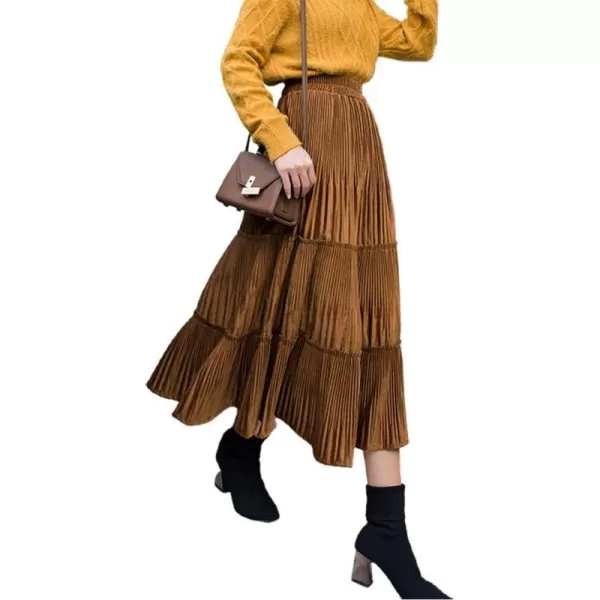 IDEALSANXUN Womens High Waist Pleuche Pleated Flared Swing Midi SkirtsKhaki