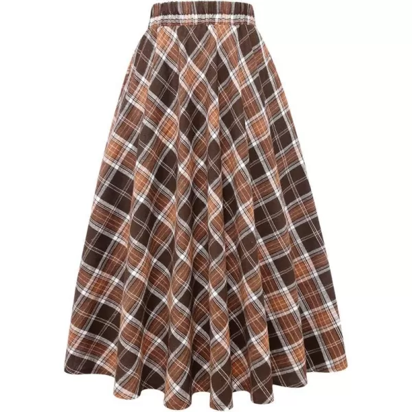 IDEALSANXUN Womens Plaid Skirt Elastic Waist Aline Midi Pleated SkirtsBrown