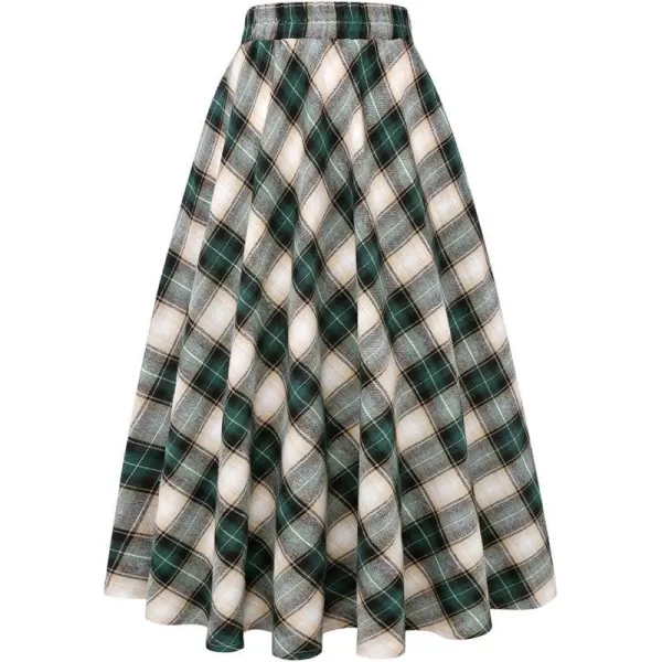 IDEALSANXUN Womens Plaid Skirt Elastic Waist Aline Midi Pleated SkirtsGreen 01