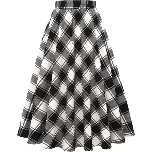 IDEALSANXUN Womens Plaid Skirt Elastic Waist Aline Midi Pleated SkirtsPlaid Blackampwhite