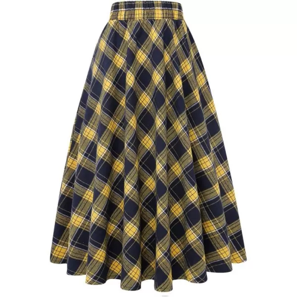 IDEALSANXUN Womens Plaid Skirt Elastic Waist Aline Midi Pleated SkirtsYellow New