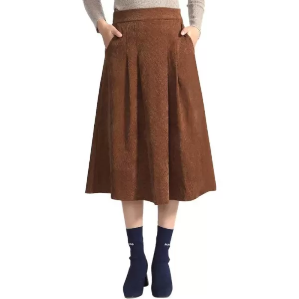 IDEALSANXUN Womens Vintage Corduroy Aline Flared Pleated Elastic Midi SkirtKhaki