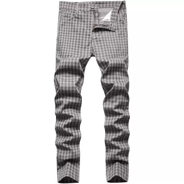 Mens Plaid Pants Casual Stretch Slim Fit Dress Chino Pants2 Grey