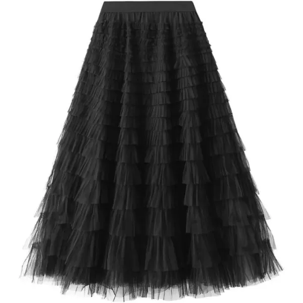 Womens Layered Ruffles Tulle Pleated Skirt High Waist Fluffy Fairy Party Long SkirtBlack