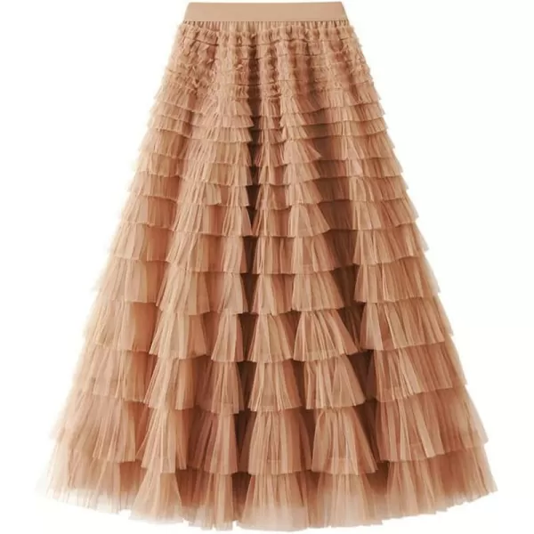 Womens Layered Ruffles Tulle Pleated Skirt High Waist Fluffy Fairy Party Long SkirtLight Khaki