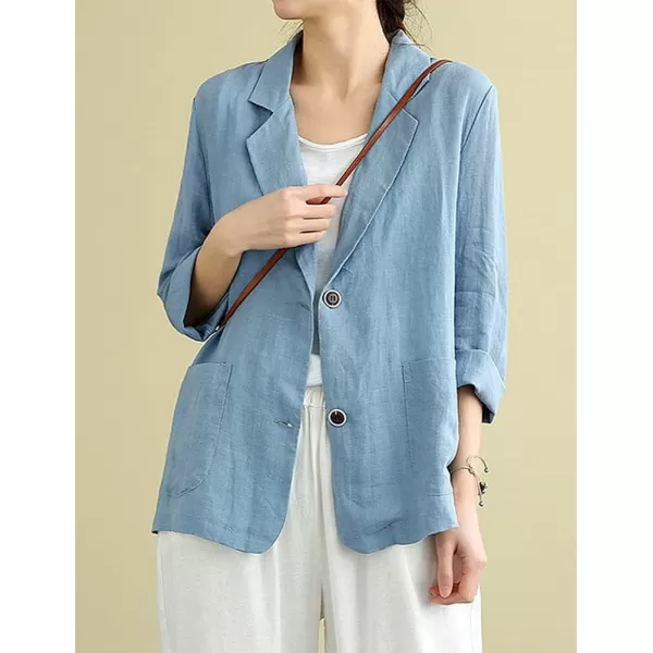 IDEALSANXUN Cotton Linen Blazer for Womens Long Sleeve Loose Casual Blazer JacketsA Blue