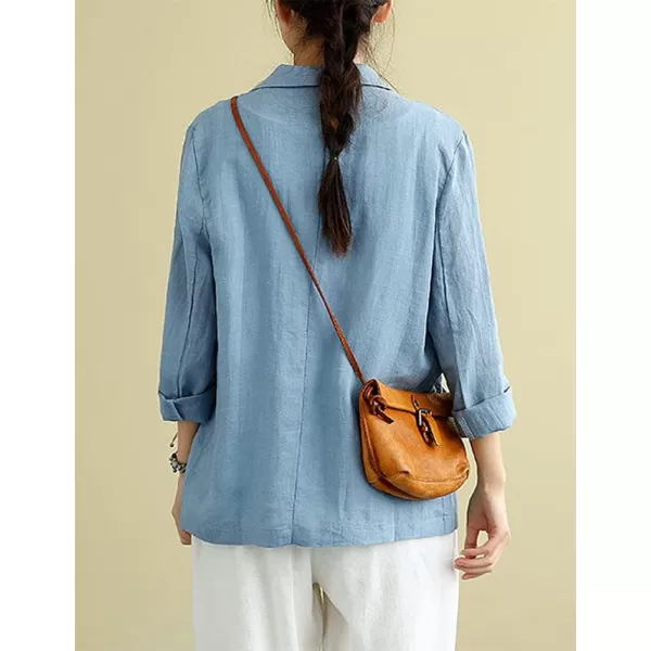 IDEALSANXUN Cotton Linen Blazer for Womens Long Sleeve Loose Casual Blazer JacketsA Blue