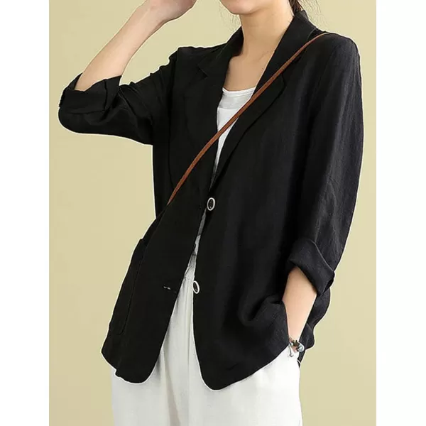 IDEALSANXUN Cotton Linen Blazer for Womens Long Sleeve Loose Casual Blazer JacketsBlack