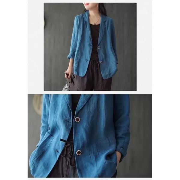IDEALSANXUN Cotton Linen Blazer for Womens Long Sleeve Loose Casual Blazer JacketsDeep Blue
