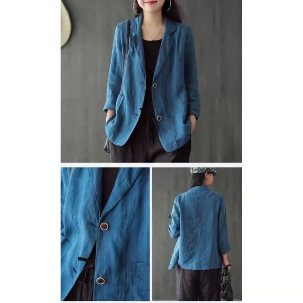 IDEALSANXUN Cotton Linen Blazer for Womens Long Sleeve Loose Casual Blazer JacketsDeep Blue