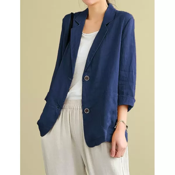IDEALSANXUN Cotton Linen Blazer for Womens Long Sleeve Loose Casual Blazer JacketsNavy