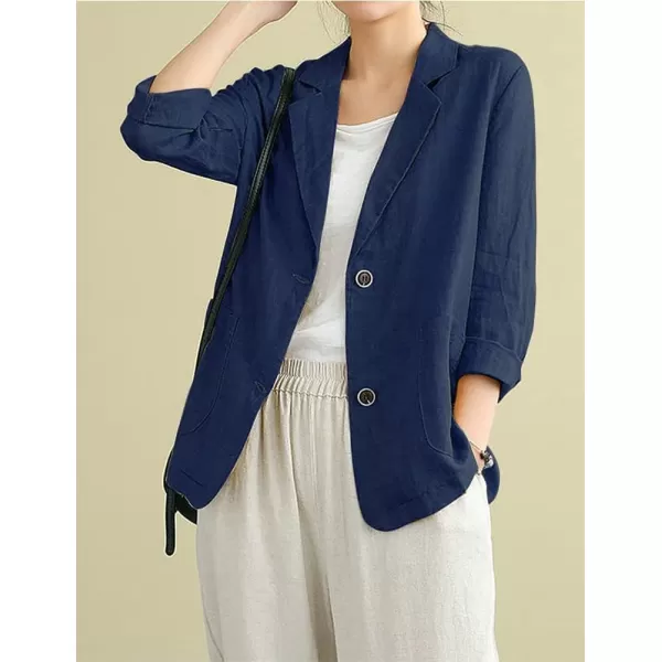 IDEALSANXUN Cotton Linen Blazer for Womens Long Sleeve Loose Casual Blazer JacketsNavy