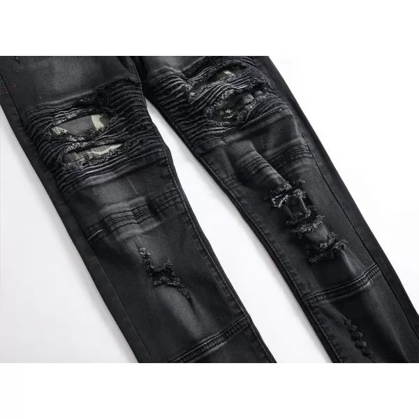 IDEALSANXUN Mens Biker Ripped Skinny Jeans Floral Embroidery Slim Stretch Denim PantBlack 209