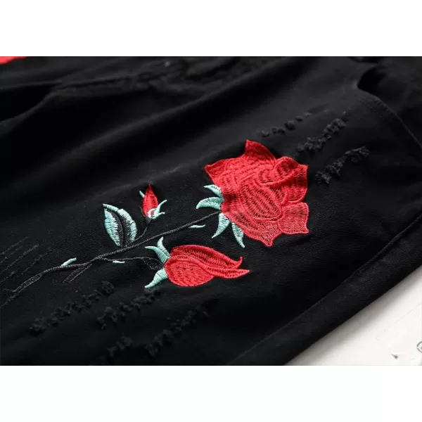 IDEALSANXUN Mens Biker Ripped Skinny Jeans Floral Embroidery Slim Stretch Denim PantBlack Hq1856