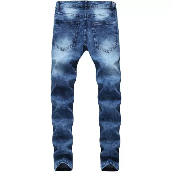 IDEALSANXUN Mens Biker Ripped Skinny Jeans Floral Embroidery Slim Stretch Denim PantBlue 2090