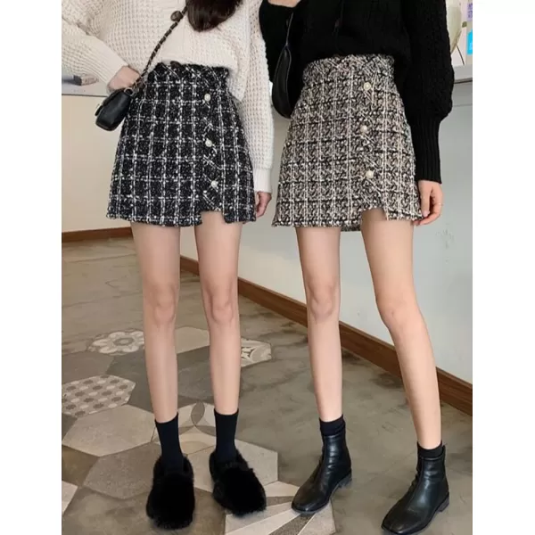 IDEALSANXUN Plaid Mini Skirts for Women Trendy High Waisted A Line Fall Winter Bodycon Tweed Short Skirt with SlitBlack