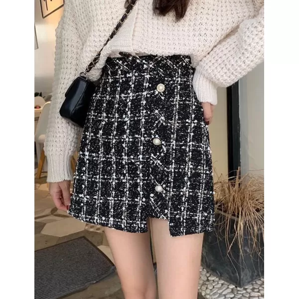 IDEALSANXUN Plaid Mini Skirts for Women Trendy High Waisted A Line Fall Winter Bodycon Tweed Short Skirt with SlitBlack