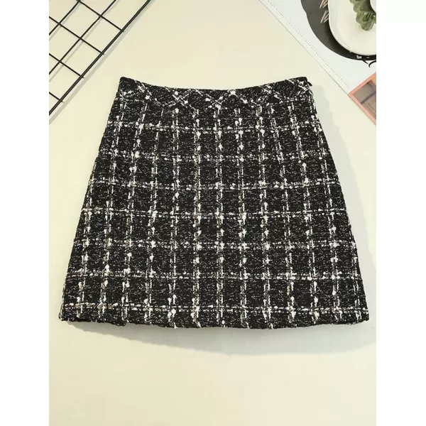 IDEALSANXUN Plaid Mini Skirts for Women Trendy High Waisted A Line Fall Winter Bodycon Tweed Short Skirt with SlitBlack