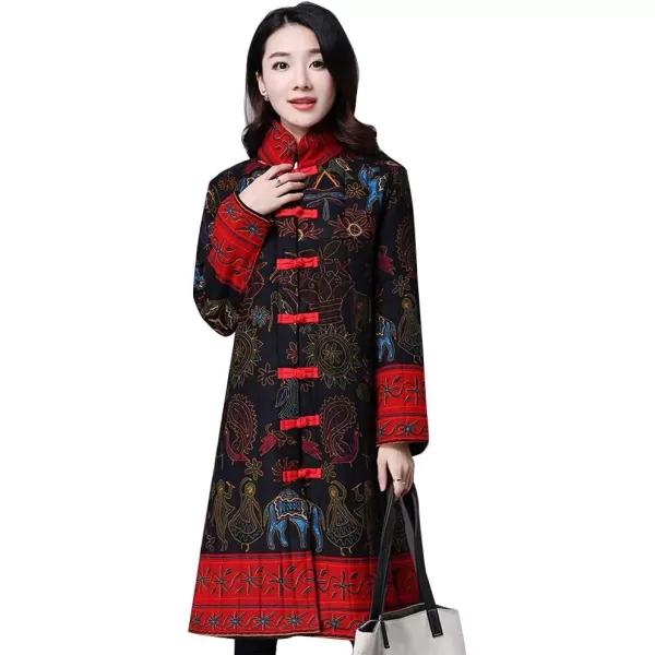 IDEALSANXUN Womens Cotton Linen Vintage Floral Print Lightweight Trench Coat Long Button Down Jacket Robe2 Blackoracle
