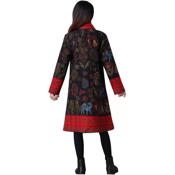 IDEALSANXUN Womens Cotton Linen Vintage Floral Print Lightweight Trench Coat Long Button Down Jacket Robe2 Blackoracle