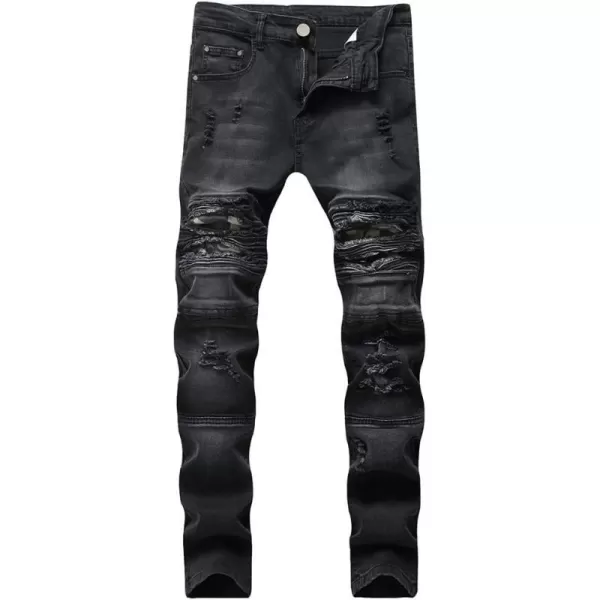 IDEALSANXUN Mens Biker Ripped Skinny Jeans Floral Embroidery Slim Stretch Denim PantBlack 209