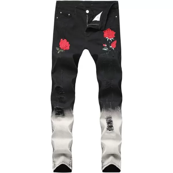 IDEALSANXUN Mens Biker Ripped Skinny Jeans Floral Embroidery Slim Stretch Denim PantBlack Hq1856