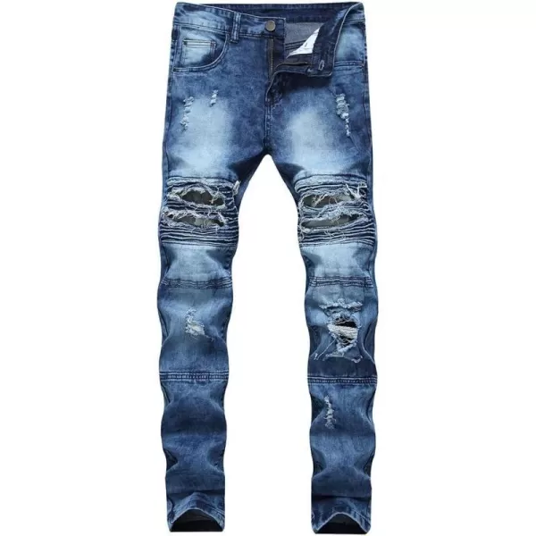 IDEALSANXUN Mens Biker Ripped Skinny Jeans Floral Embroidery Slim Stretch Denim PantBlue 2090