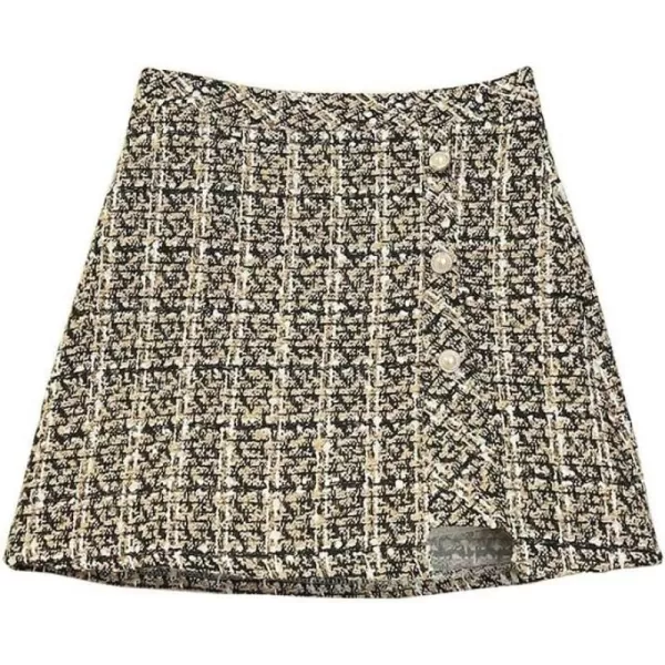 IDEALSANXUN Plaid Mini Skirts for Women Trendy High Waisted A Line Fall Winter Bodycon Tweed Short Skirt with SlitBeige