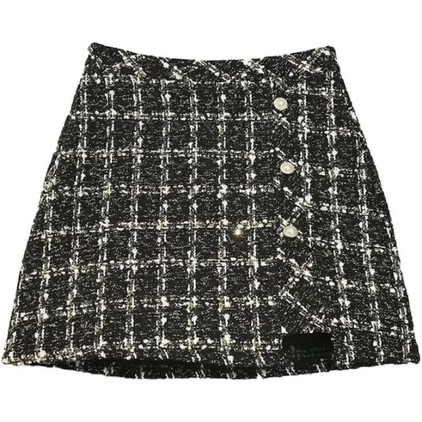 IDEALSANXUN Plaid Mini Skirts for Women Trendy High Waisted A Line Fall Winter Bodycon Tweed Short Skirt with SlitBlack