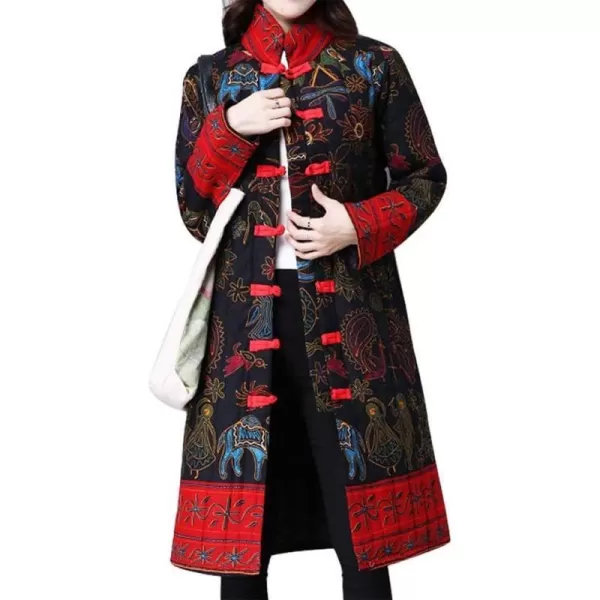 IDEALSANXUN Womens Cotton Linen Vintage Floral Print Lightweight Trench Coat Long Button Down Jacket Robe2 Blackoracle