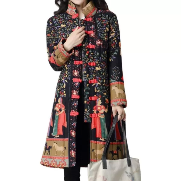 IDEALSANXUN Womens Cotton Linen Vintage Floral Print Lightweight Trench Coat Long Button Down Jacket Robe2 Blacktibetian Queen