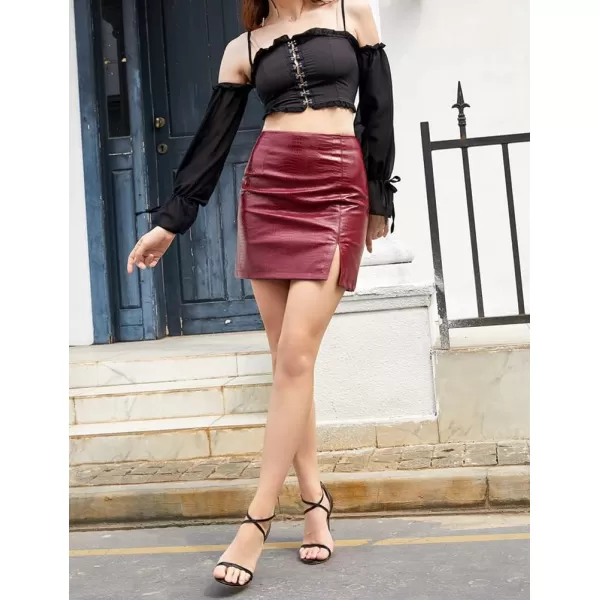 IDEALSANXUN Leather Bodycon Mini Skirts for Women 2023 Fall Winter High Waisted Short Pencil Skirt with SlitWine
