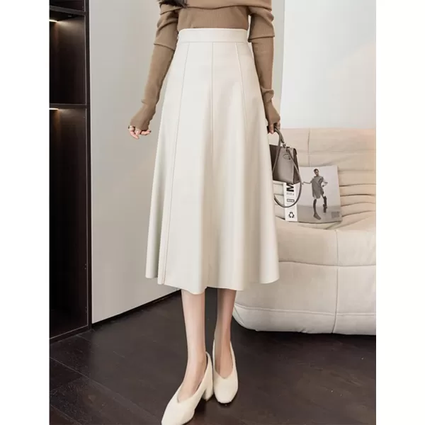 IDEALSANXUN Leather Pleated Skirt for Women 2023 Midi High Waisted A Line Flared Fall Winter Pleather Long SkirtBeige
