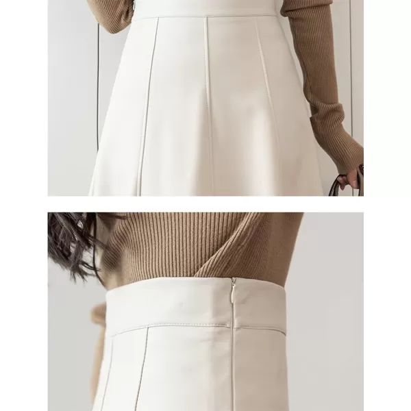IDEALSANXUN Leather Pleated Skirt for Women 2023 Midi High Waisted A Line Flared Fall Winter Pleather Long SkirtBeige