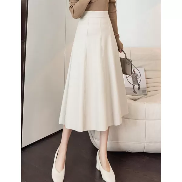 IDEALSANXUN Leather Pleated Skirt for Women 2023 Midi High Waisted A Line Flared Fall Winter Pleather Long SkirtBeige