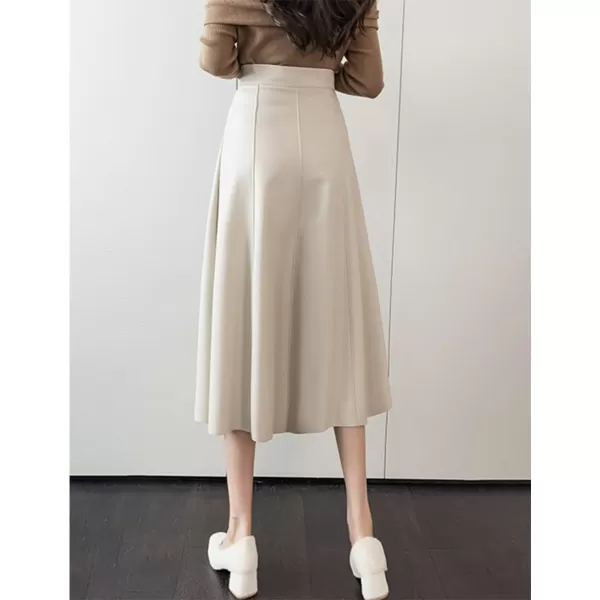 IDEALSANXUN Leather Pleated Skirt for Women 2023 Midi High Waisted A Line Flared Fall Winter Pleather Long SkirtBeige