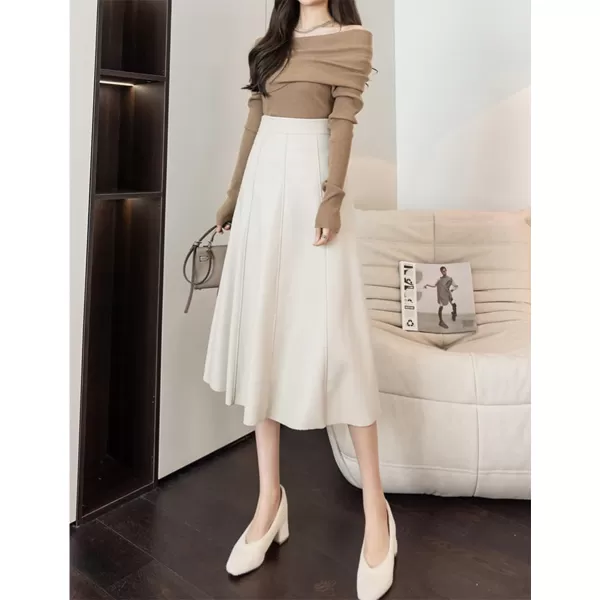 IDEALSANXUN Leather Pleated Skirt for Women 2023 Midi High Waisted A Line Flared Fall Winter Pleather Long SkirtBeige