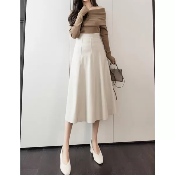 IDEALSANXUN Leather Pleated Skirt for Women 2023 Midi High Waisted A Line Flared Fall Winter Pleather Long SkirtBeige