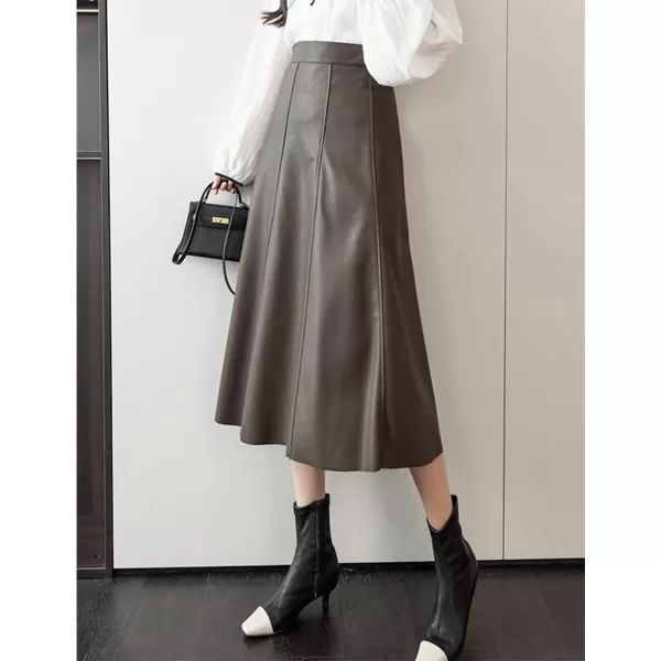 IDEALSANXUN Leather Pleated Skirt for Women 2023 Midi High Waisted A Line Flared Fall Winter Pleather Long SkirtCoffee